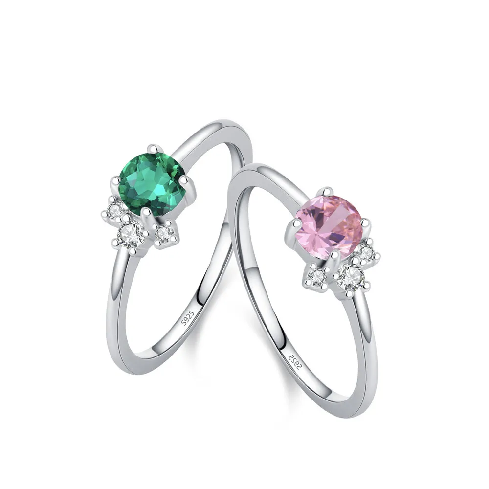

Европейско-американское серебряное кольцо INS с двойным камнем - стерлинговое серебро S925, инкрустация изумрудно-розовым цирконом (женское 5 мм)