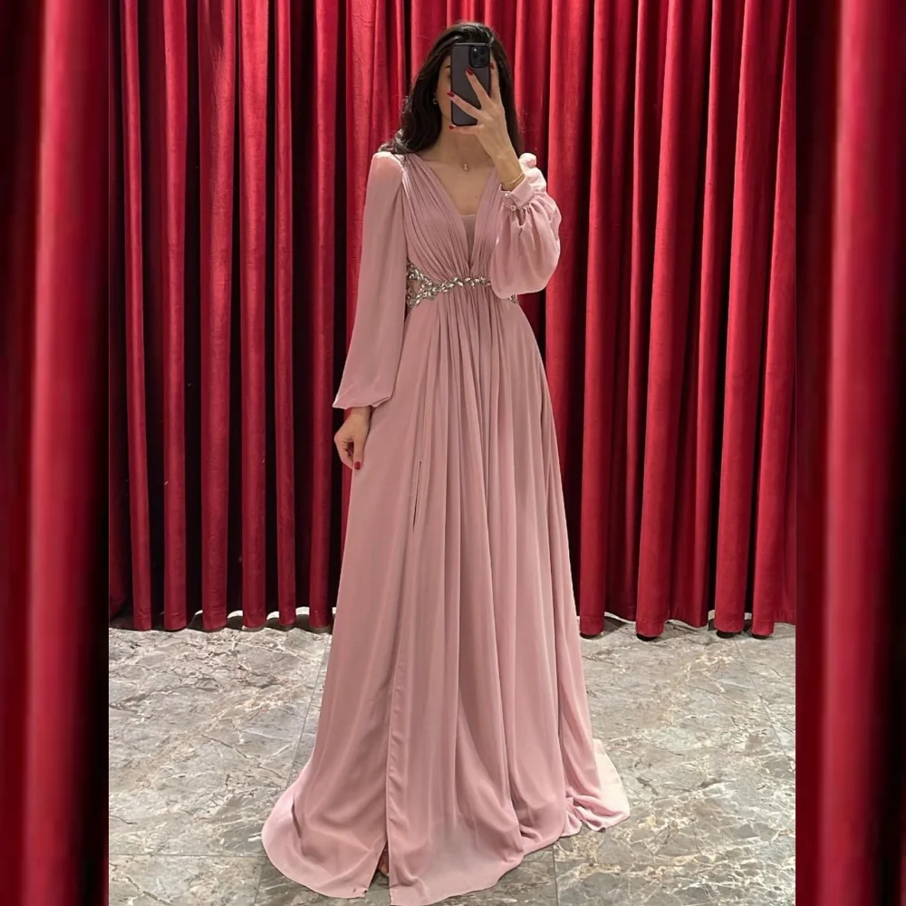  Evening  Sexy Casual  Chiffon Beading Draped Pleat Homecoming A-line V-Neck Bespoke Occasion Gown Long Dresses