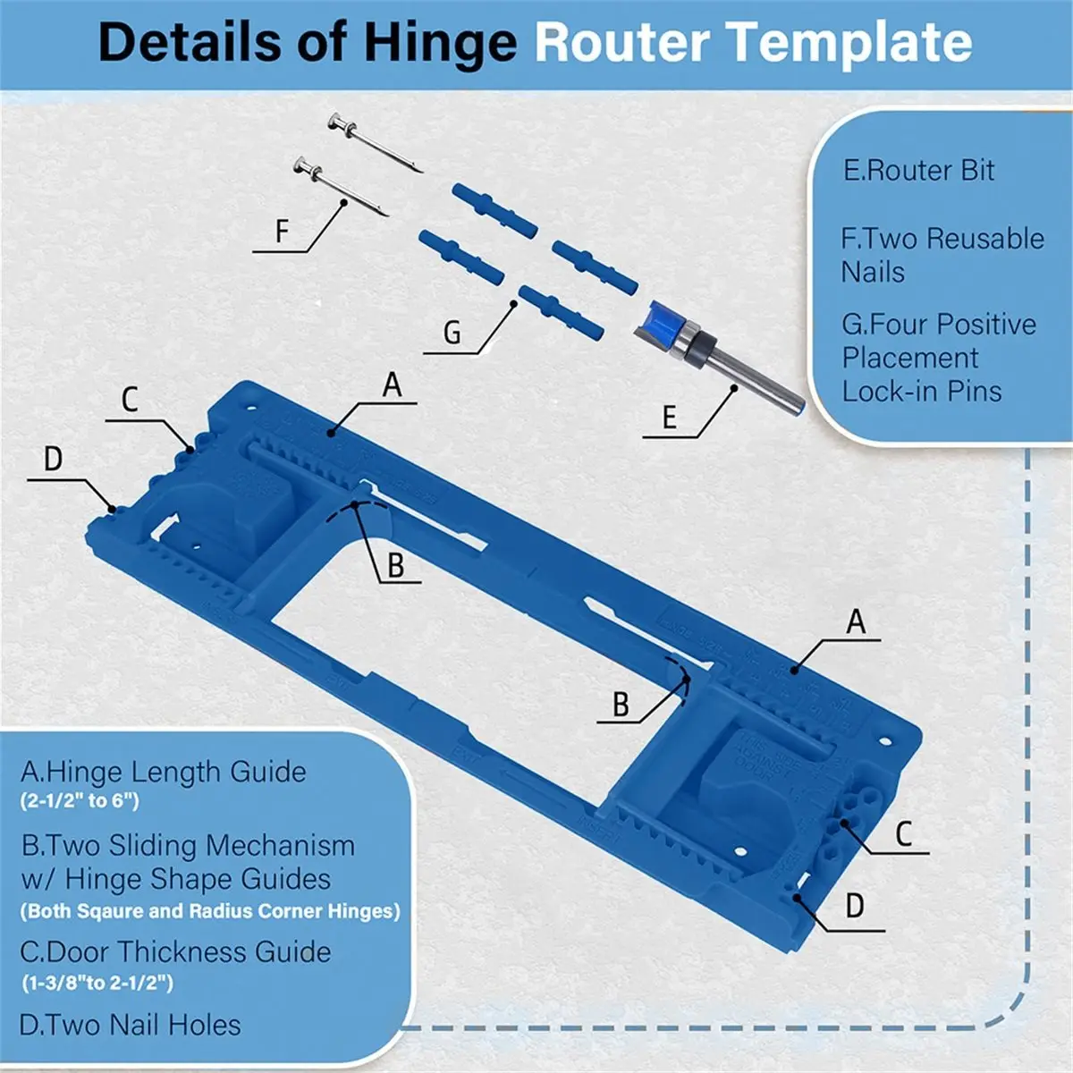 Door Hinge Jig, Adjustable Door Hinge Template for 8 Hinge Sizes 2-1/2
