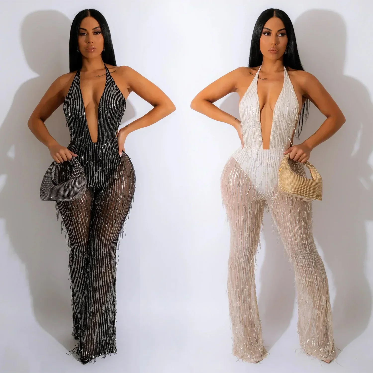 Fashionable Women's Sexy Tassel Mesh Sequin Perspective V-neck Party Sleeveless Long Pants Jumpsuit