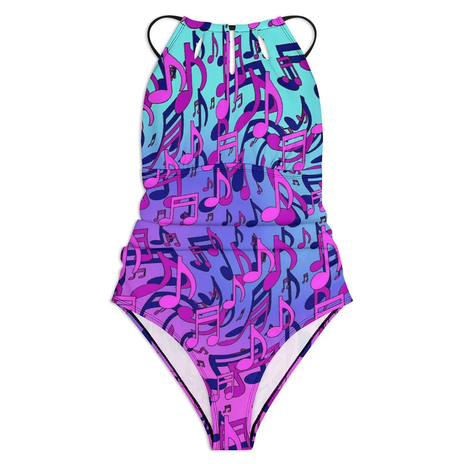 Music Notes Swimsuit Sexy Pink Purple Ombre One Piece Swimwear Push Up Bodysuit Trendy Holiday Rave Beach Wear