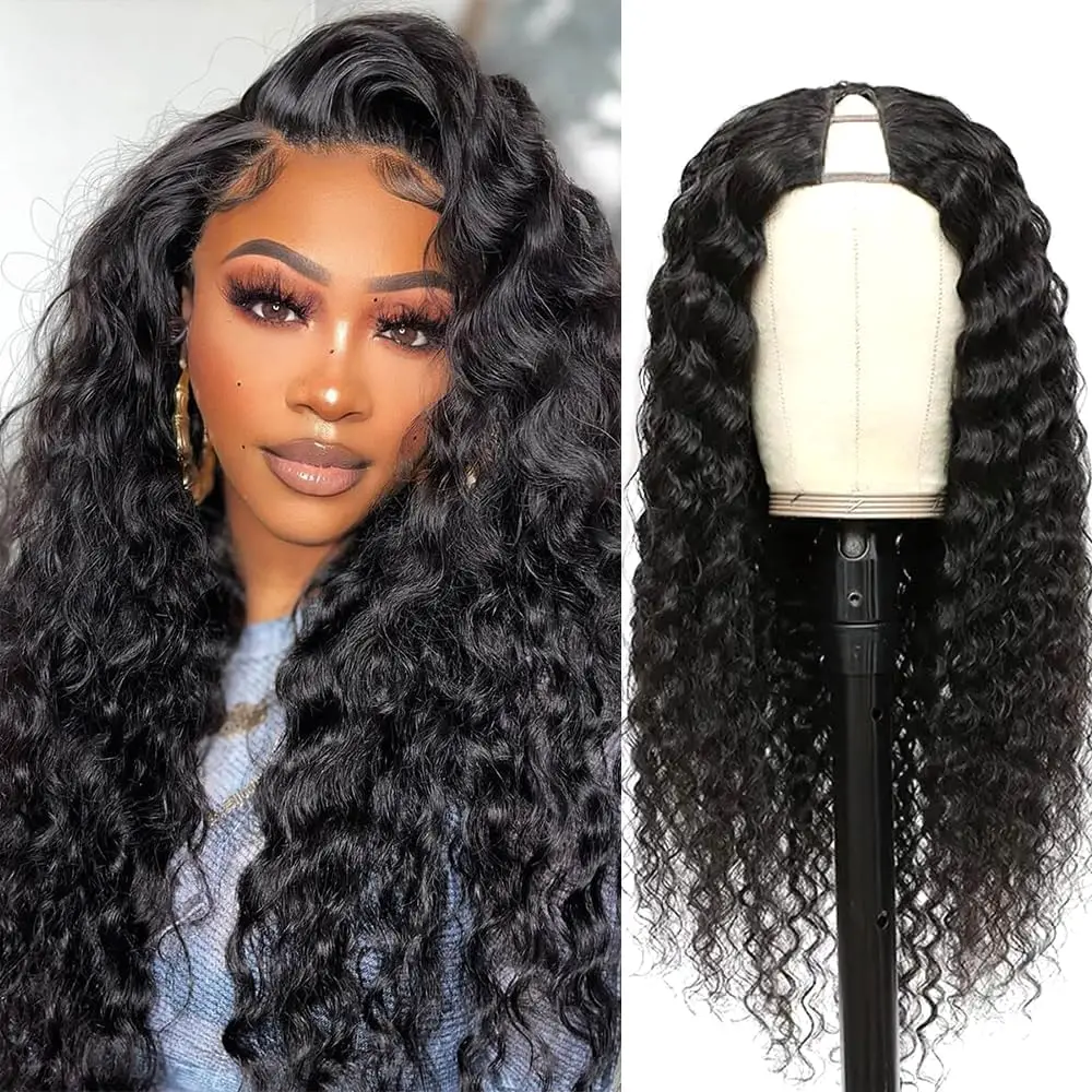 Perruque en cheveux humains Water Wave V Part pour femmes noires, cheveux bouclés profonds, entièrement fabriquée à la machine
