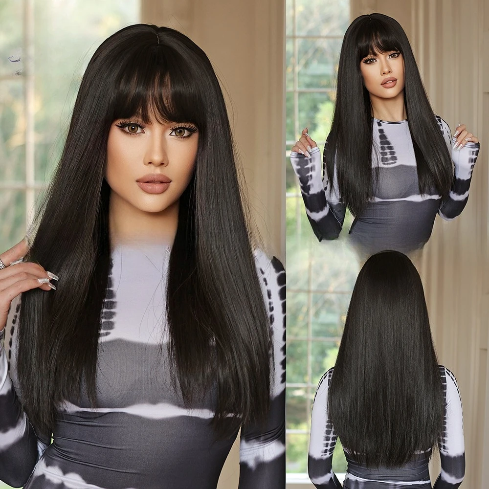 

Daily wig girl Qi bangs black long straight whole wig headgear matte silk realistic wig full headgear