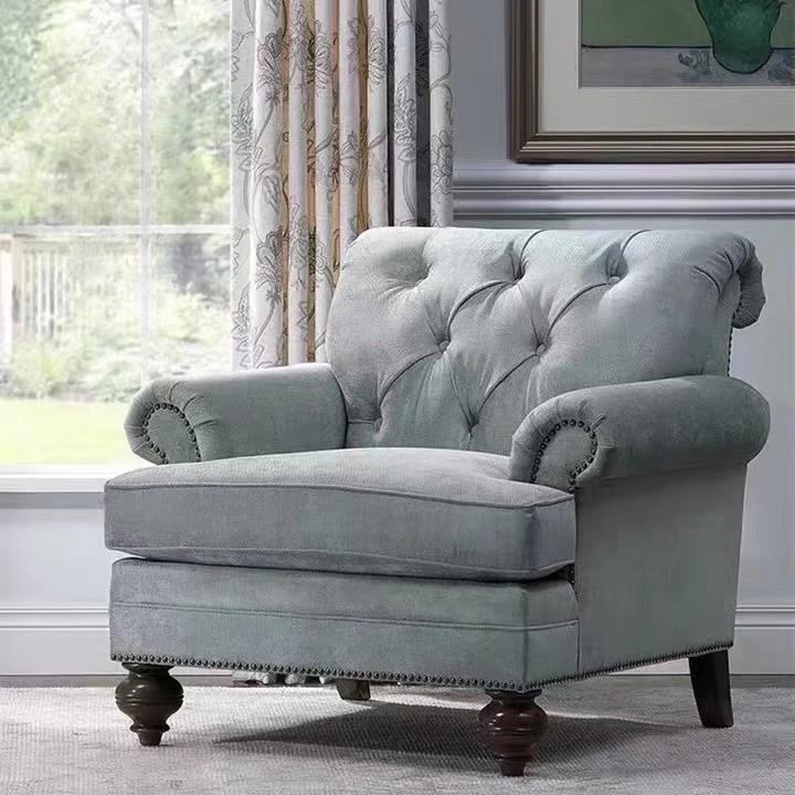 Three-person fabric sofa, European neoclassical fresh blue-green flannel living room furniture