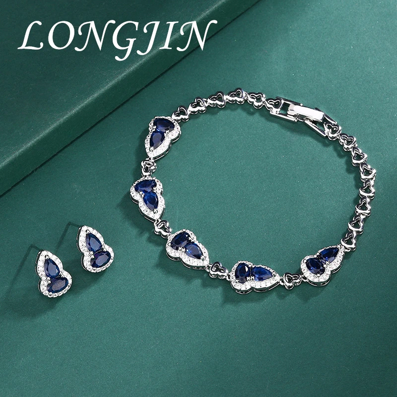 

Original Designer Blue Water Droplet Crystal Gourd Bracelet Earrings Chinese Style Retro Fresh Elegant Charm Lady Silver Jewelry