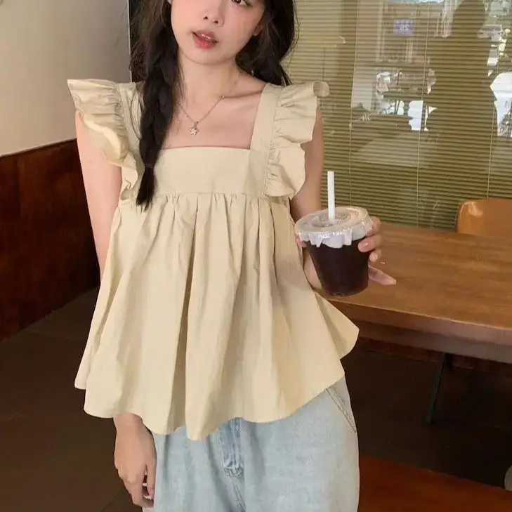 Bow Short Top Tanks Camis Square Neck Flying Sleeves White Shirt Women Summer Blusas Mujer Moda 2024 Elegantes Blouses