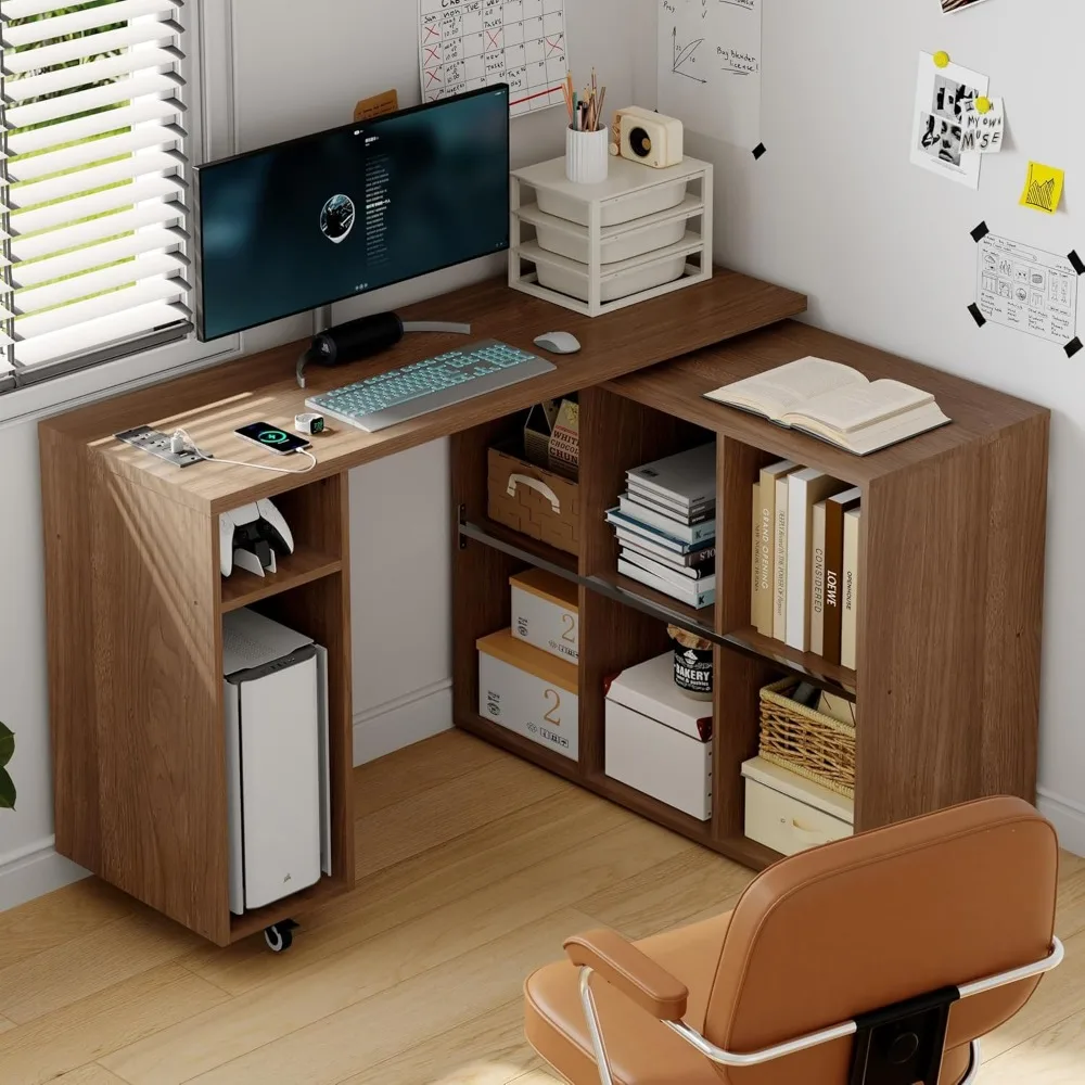 

360 ° Вращающийся L-образный стол с зарядной станцией — утолщенный настольный многофункциональный учебный стол, прикроватный столик и компьютерный стол