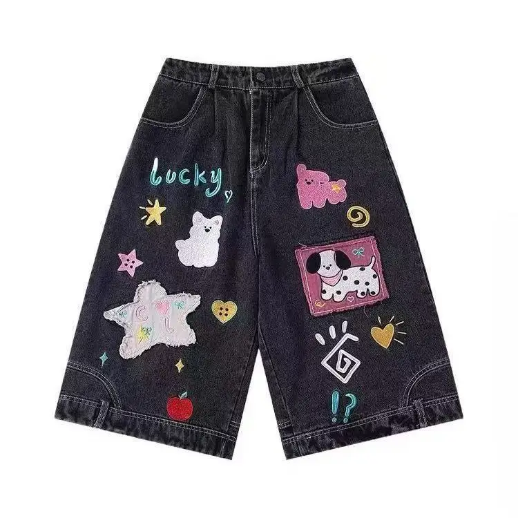 Pantalon court Hip Hop pour filles, Patch de dessin animé américain, mode coréenne High Street des années 2000, jean droit ample