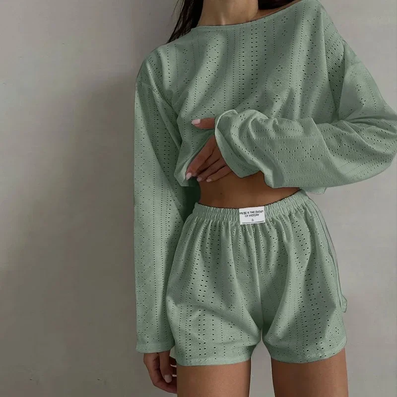 

Women's Pajamas Set Sleepwear Spring Long Sleeve Tops With Shorts Home Clothes 2 Piece Sets Pyjama Femme Loungewear Pijama Mujer