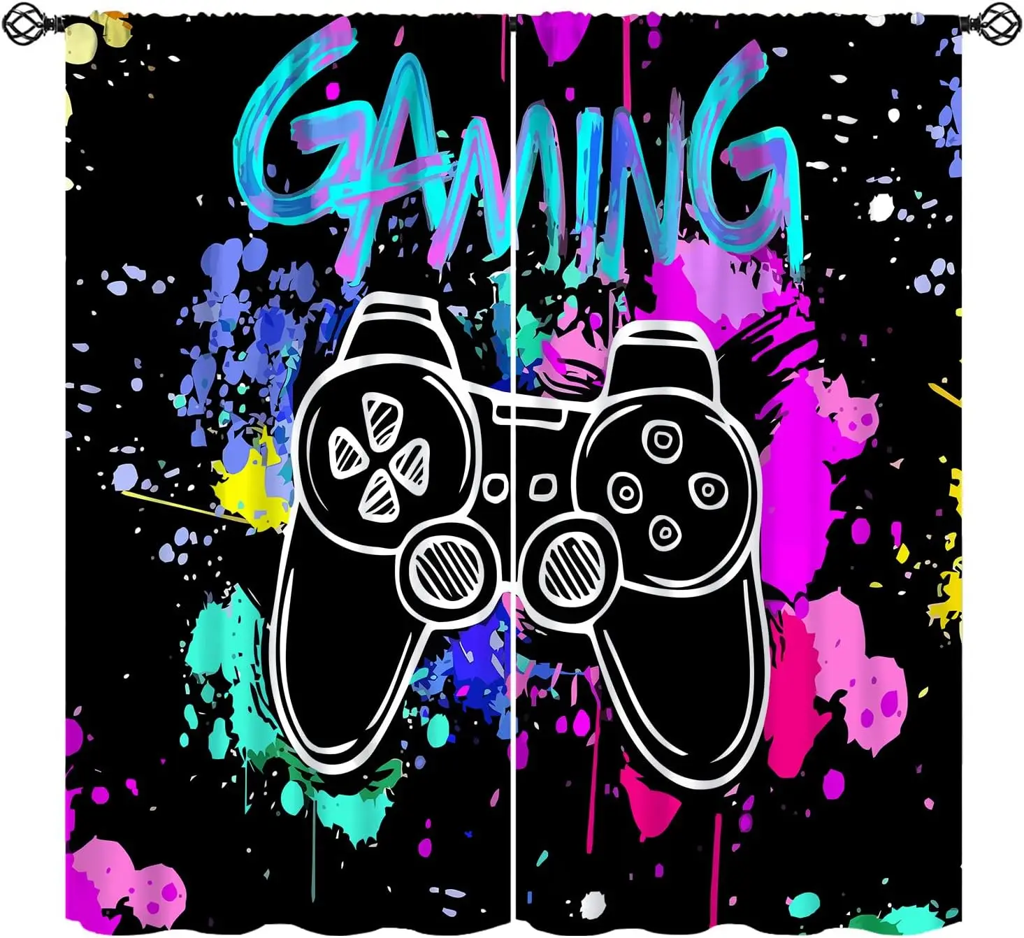 Gaming Curtains Kids Boys Teen Graffiti Gamepad Blackout Window Treatment Gamer Colorful Splashed Ink Cute Cool Dark Controller