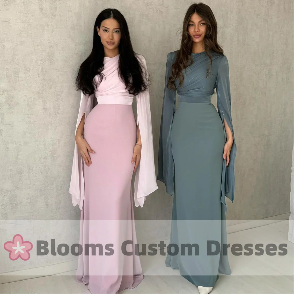 

Blooms Arabia Women Long Split Sleeves Simple Prom Dress Pleated Pink Party Gown Floor-Length Custom Formal Evening Dresses