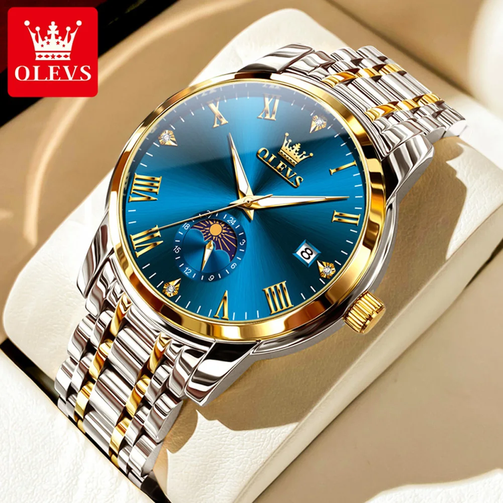 OLEVS 3656 Luxusmarke Herrenuhren Mondphase Edelstahl Leuchtend Original Business Quarz-Armbanduhr für Männer