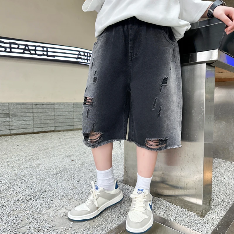Fashion Design Tween Boy Ripped Denim Shorts with Hole For Teen Child Casual Knee-Length Black Jeans Kids Destroy Broken Shorts