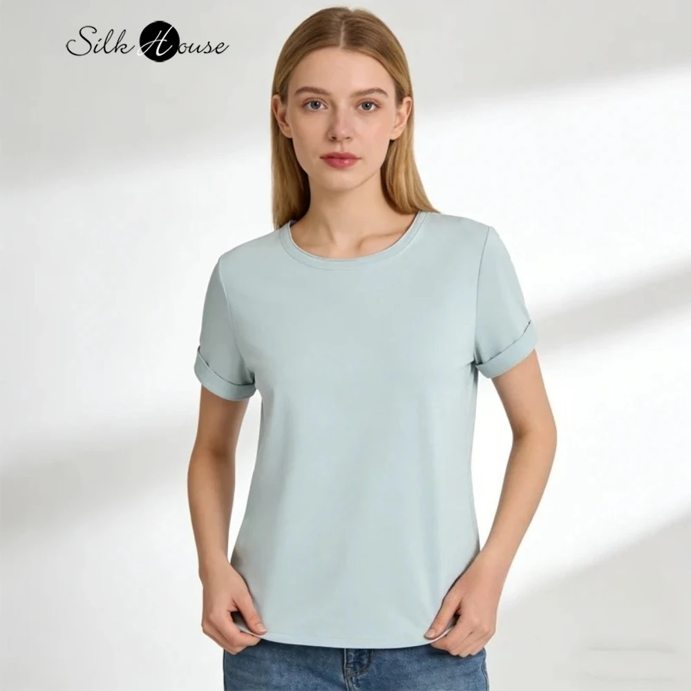 

2026 Women's Spring/Summer New Style Heavy Crepe 30MM 100% Natural Mulberry Silk Double Haired Round Neck Short Sleeve T-shirt
