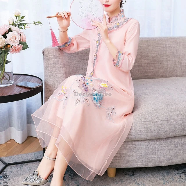 

2024 new chinese style women's qipao dress improved cheongsam summer national style elegant loose organza embroidery dress w410