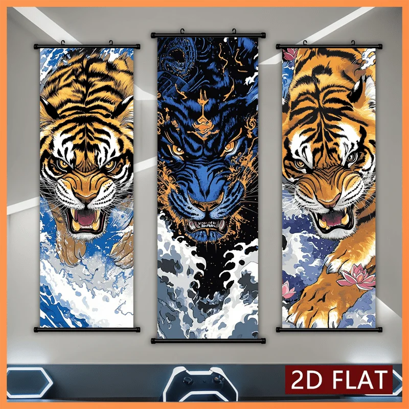 VIKAMA Fierce Tiger Scroll Tapestry, Vintage Ukiyo-e-Style Wild Beasts and Waves Vertical Wall Hanging, Decorative Wall Hanging
