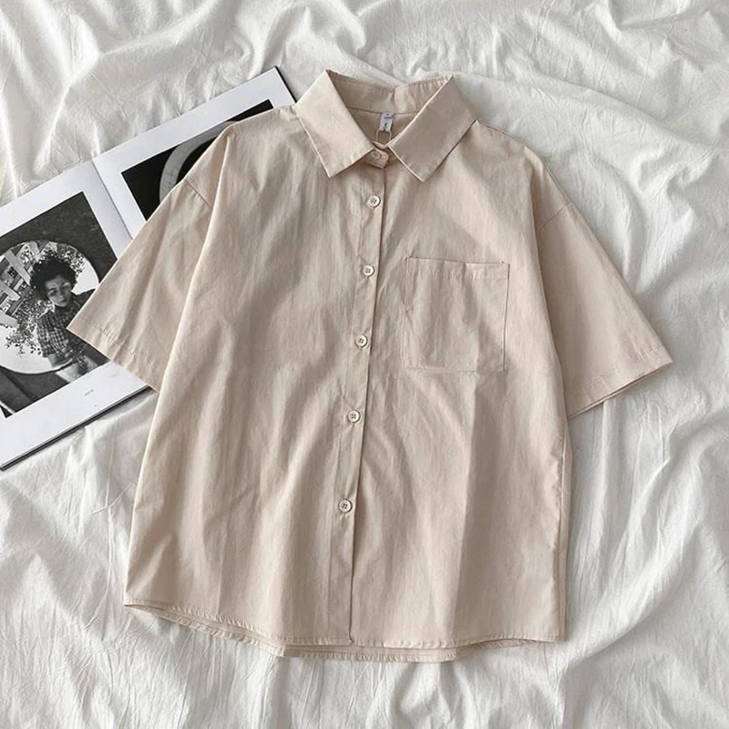 Solid Color Loose Casual Women Shirts 2022 New Summer Turn Down Collar Short Sleeve Korean Style All-Matched Female Blouse S-4XL