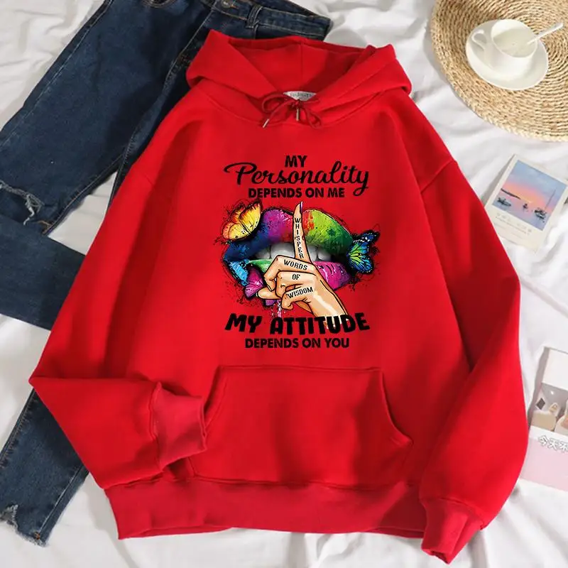 You Aattitude Depends On You Printing Female Hoodie Street Warmth Comfortable Sweatshirt Casual Pocket Pullover Loose Clothes