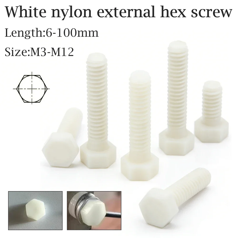 5-50Pcs White Nylon Hex Head Bolts M3-M12, Plastic Metric Insulated Screws External Hexagon Threaded Fasteners 3-110mm