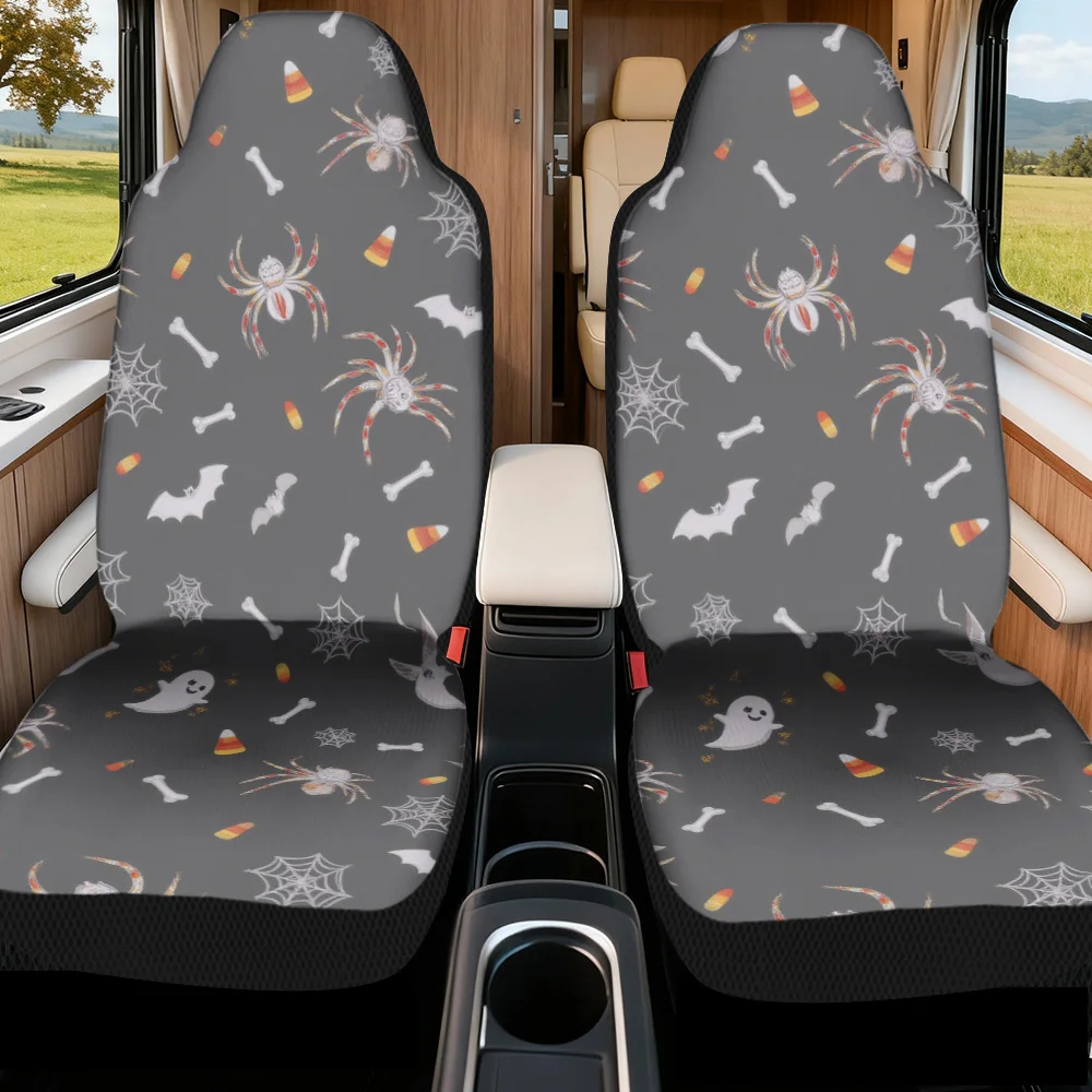 Set Of 2, Stylish Halloween-Themed Front Seat Covers Featuring Spooky Spiders And Bones Design, Made For Comfort, Suitable For M