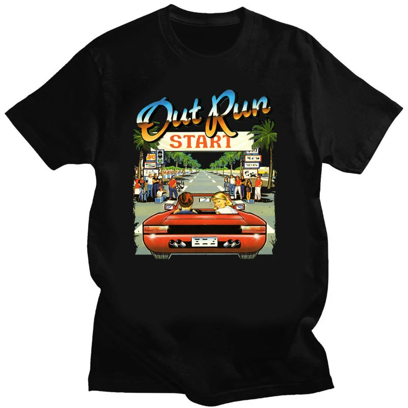 Japanese Arcade Racing Video Game Out Run T Shirt Men Cotton Short Sleeve Vintage 80s Console Gaming T-shirt OutRun Tshirt