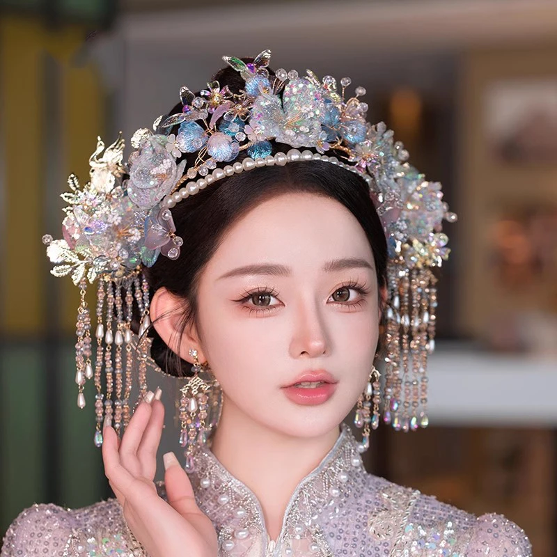 Himstory Retro Chinese Style Luxury Crystal Flower Phoenix Hair Crown Costume Headdress Traditional Bride Hanfu Xiuhe Hair Set