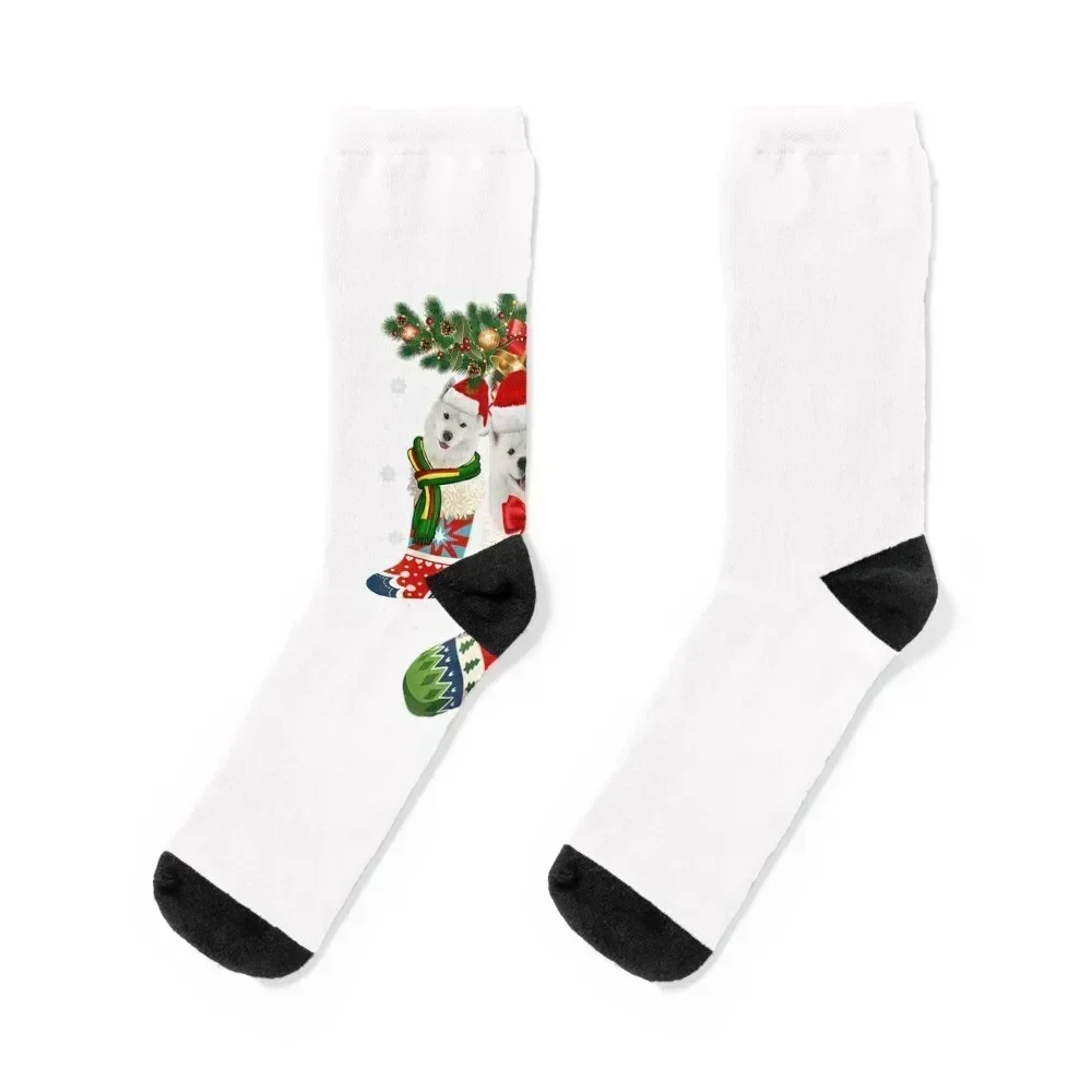 

Three Samoyed In Sock Christmas Santa X-mas Dog T-Shirt Socks Stockings man with print summer Boy Socks Women's
