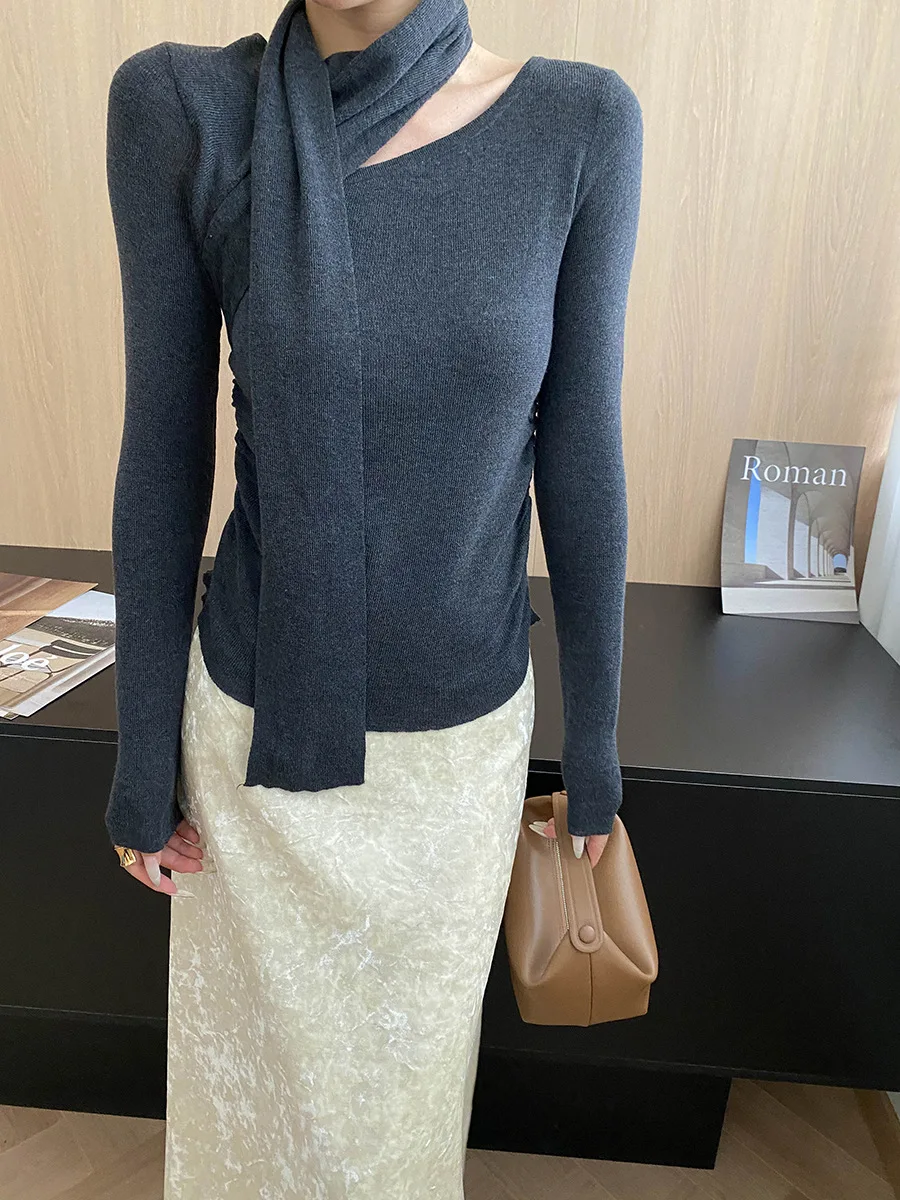 Women's casual solid color scarf, ribbon, slim fit and slimming base knit sweater