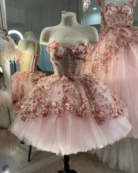 Fluffy Baby Pink Tulle Strapless Quinceanera Dresses Ball Gown 2023 Evening Dress Prom Dresses 3D Floral Pattern Customized