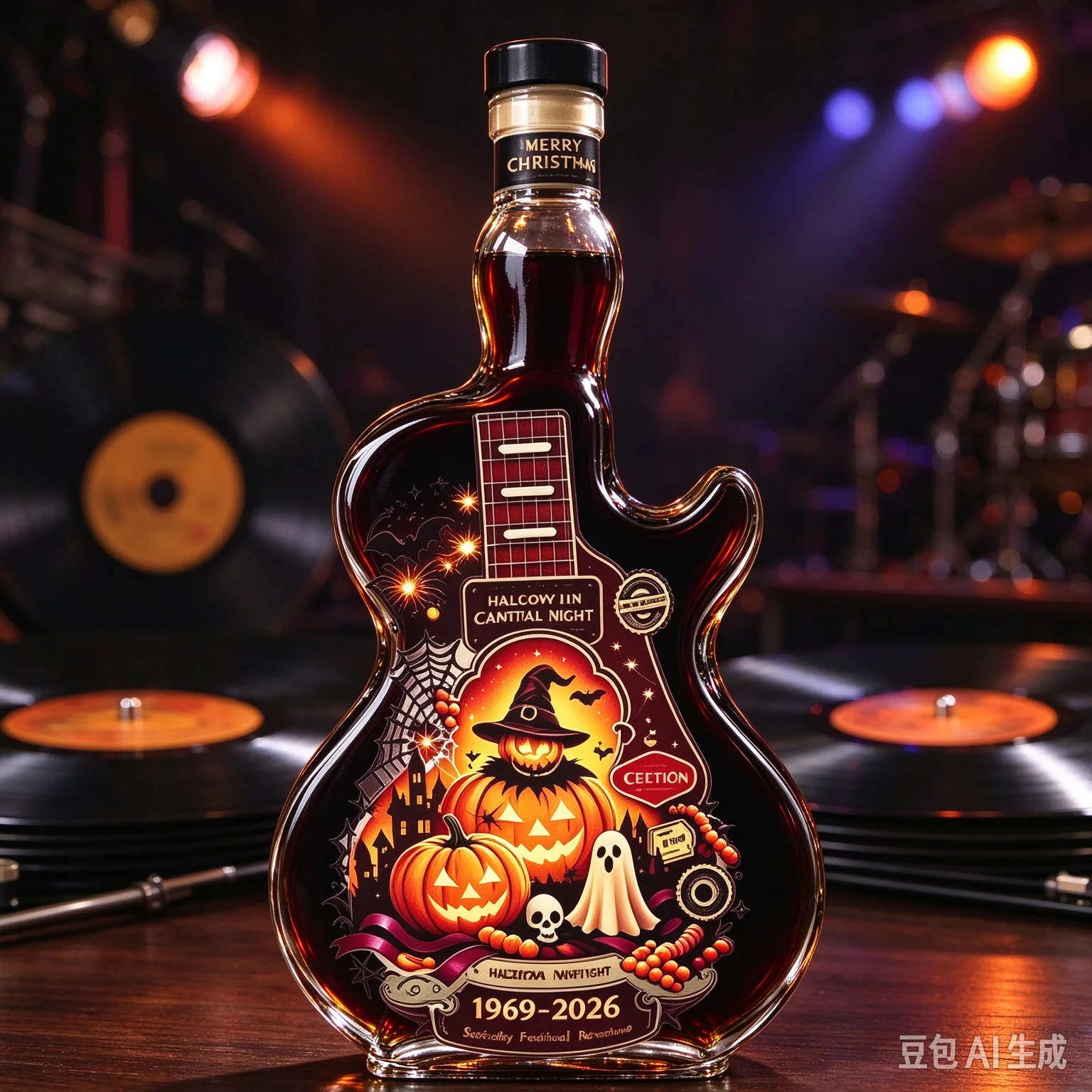 Guitar Shaped Glass Liquor Bottle with Pumpkin Ghost Print Halloween Decorative Empty Wine Vase for Home Bar Tabletop Party