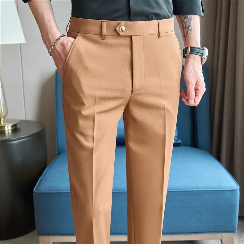 

2025 New Autumn Green Premium Dark Stripe Formal Pants for Men,Coffee Slim Small Foot Mens Casual Trousers/Dress Pants Men