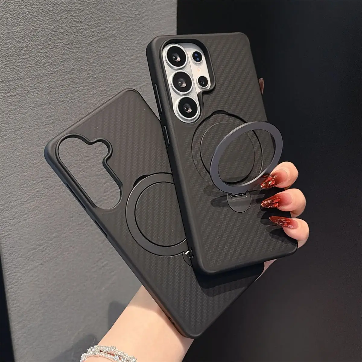 

360° Rotation Ring Stand Case For Samsung Galaxy S26 Ultra S26 Plus S26 Carbon Fiber Texture Hard PC Shockproof Back Cover