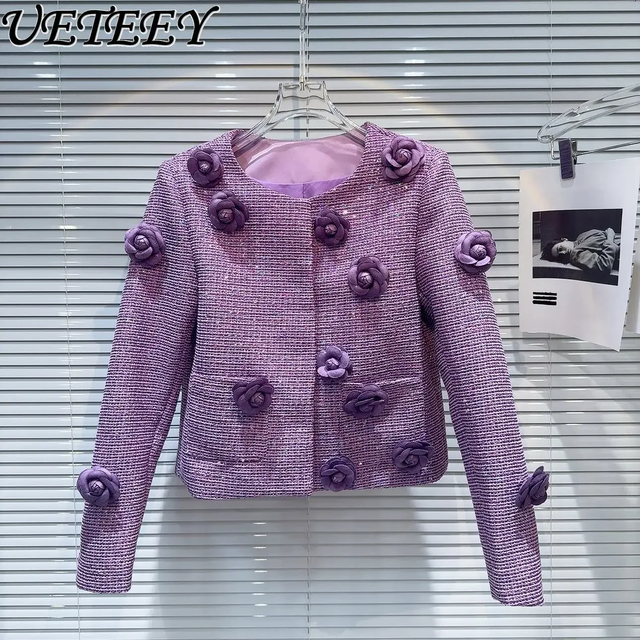 2024 autumn new sweet three-dimensional flowers pin beaded tweed jacket women's fashion versatile celebrity wool short coat lady