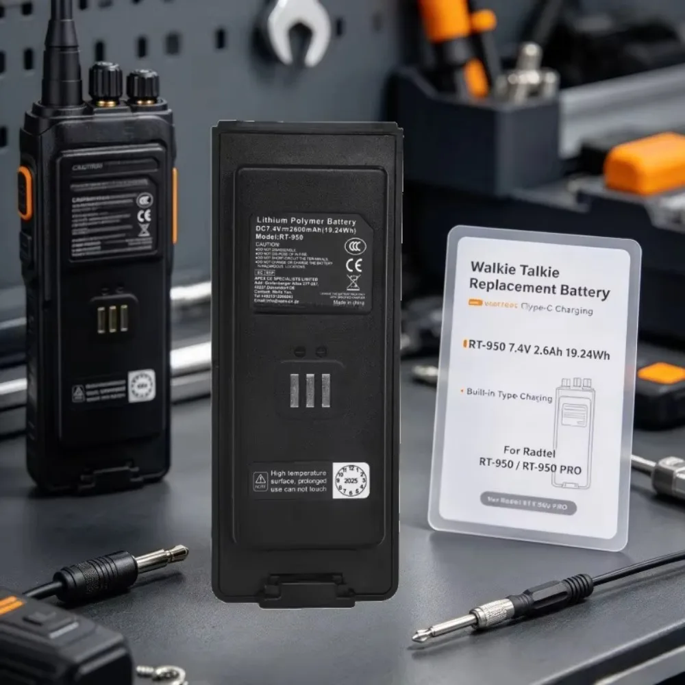 Built-in Type-C Charging RT-950 7.4V 2600mAh 19.24Wh Li-Po Replacement Battery for Radtel RT-950 RT-950 PRO Walkie Talkie Batt