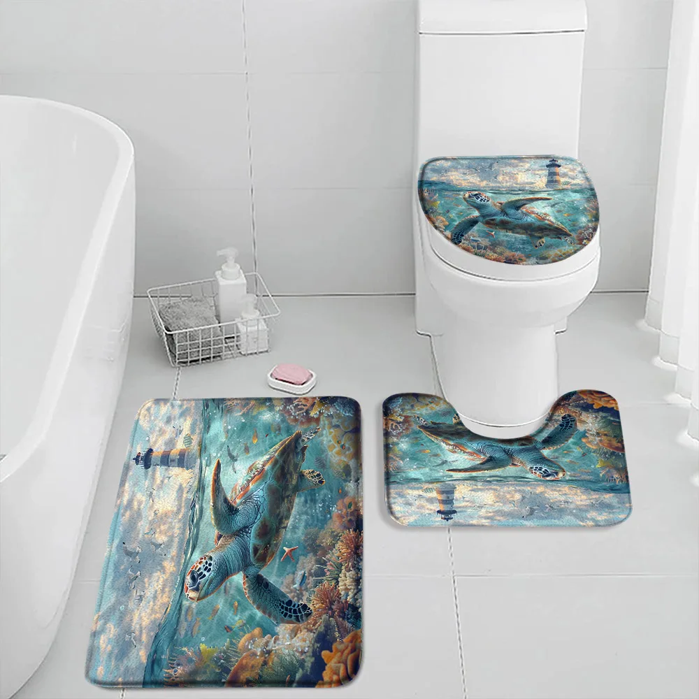 Sea Turtle Ocean Life Bath Mat Set Undersea Coral Mermaid Underwater Sea Animal Bathtub Rug Decor Home Carpet Toilet Lid Cover