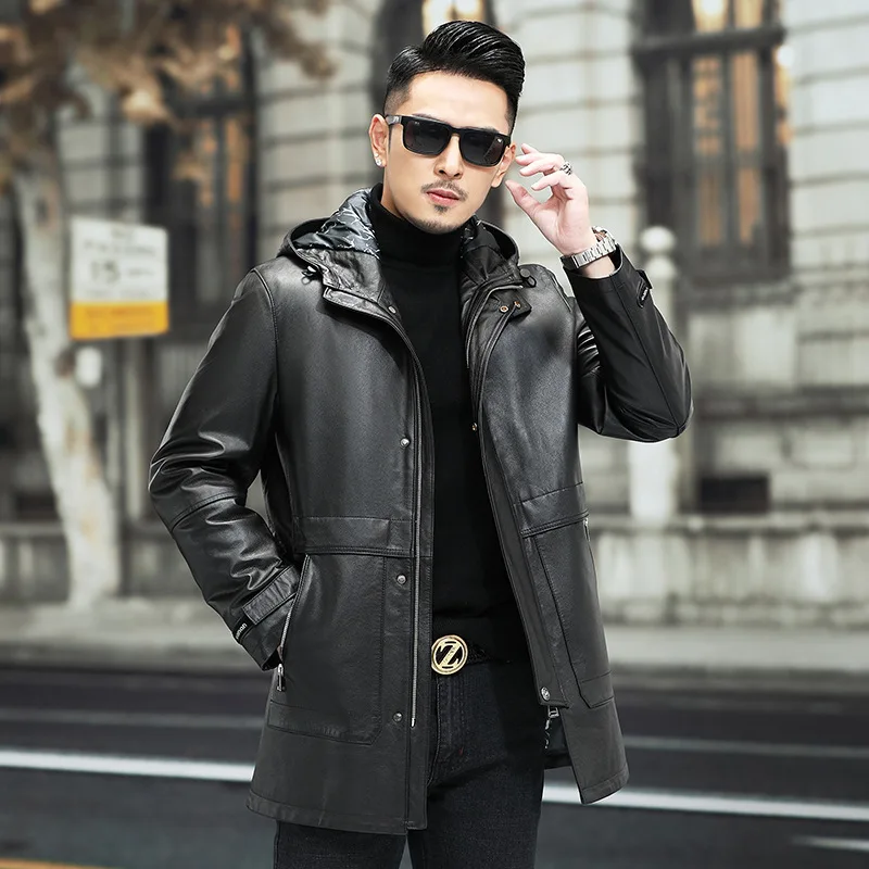 Winter New Men's Fashion Genuine Leather Jacket Male Large Size Long Coats Men Warm Hooded White Duck Down Cowhide Outwear Man
