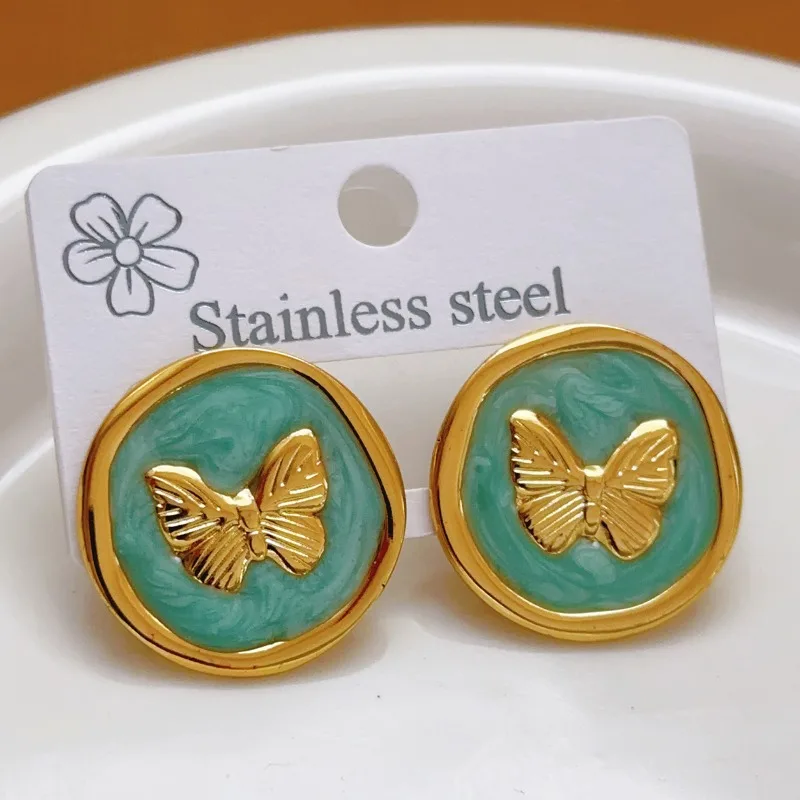 Korean Retro Gold Color Stainless Steel Colored Resin Drops Round Butterfly Stud Earrings for Woman Girls Designer Jewelry Gift