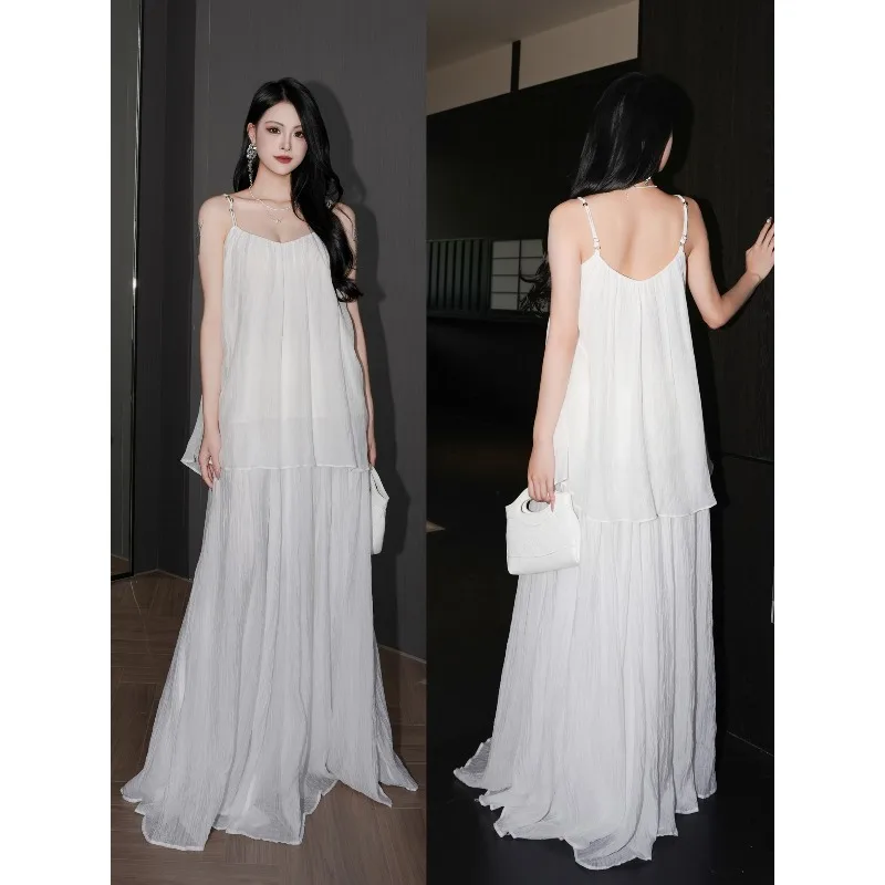 Zomer Outdoor Zijden Rok Band Vest Trendy Tweedelige Set Franse Vakantiestijl Dames Losse Witte V-hals Mouwloos Vest Set