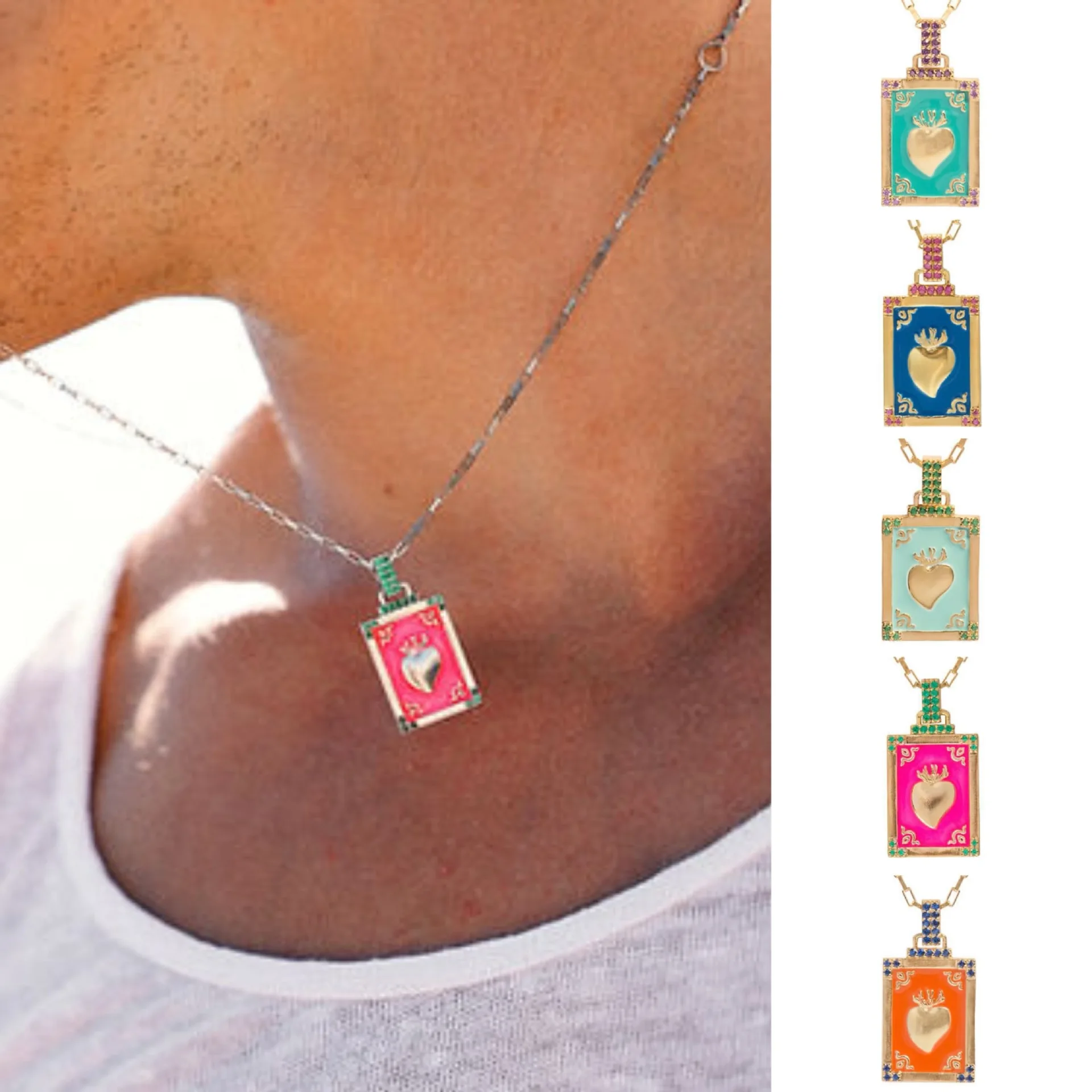 

VintageTarot card colorful oil drop love pendant necklace 18K Gold Copper Necklace Woman Man Necklace