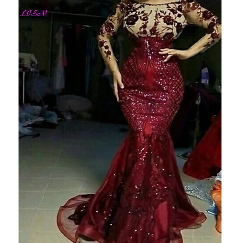 Burgundy Sequined Floral Lace Mermaid Evening Dress With Detachable Train Modest Full Sleeves Prom Gowns Muslim Formal Dresses