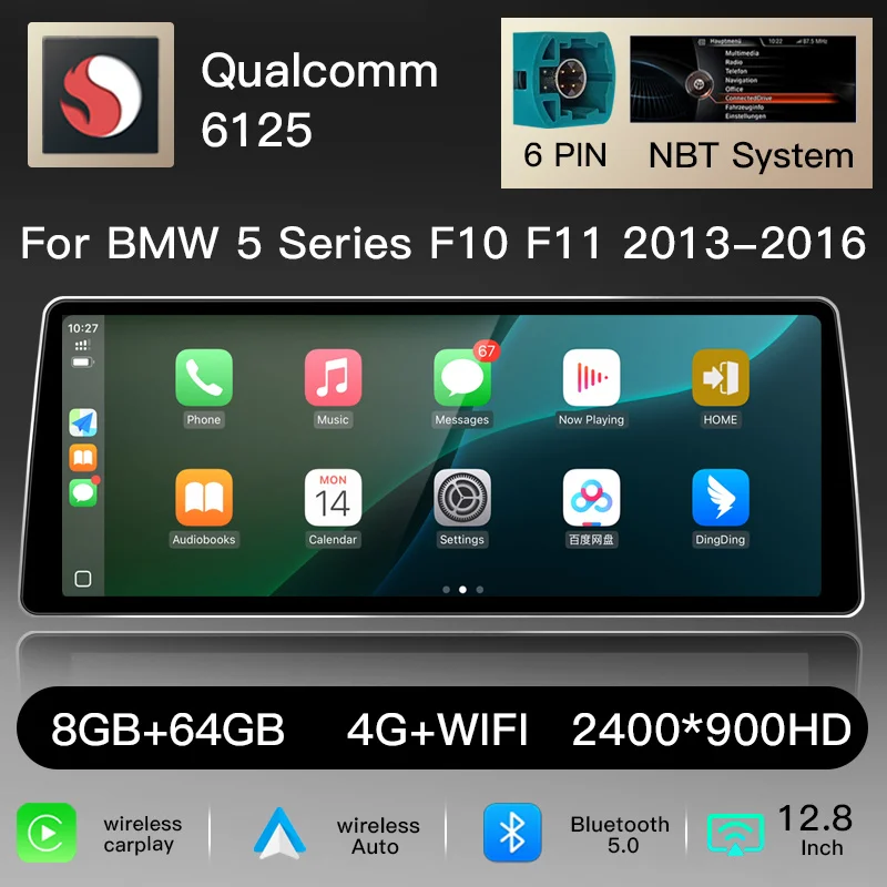 12,8" 2400*900 Snapdragon 6125 Draadloze CarPlay Android 14 Autoradio voor BMW 5 Serie F10 F11 NBT CIC 2011-2017 Scherm Multimedia Speler BT GPS Navigatie Stereo 4G WiFi Head Unit Audio