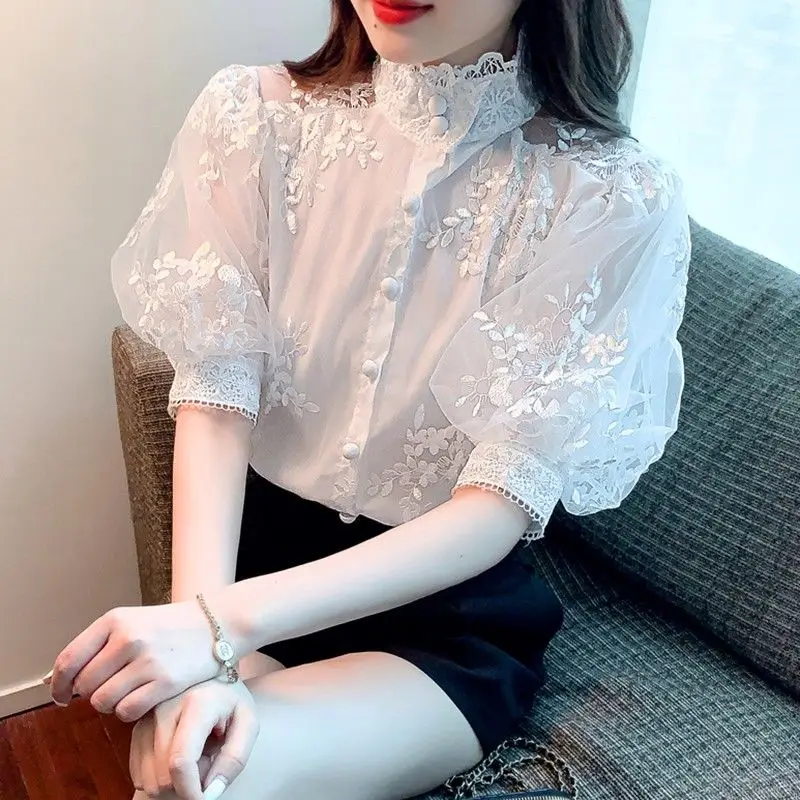 2023 New Summer French Lace Standing Neck Heavy Work Embroidery Lantern Sleeve Single Breasted Cardigan Commuter Loose Shirt