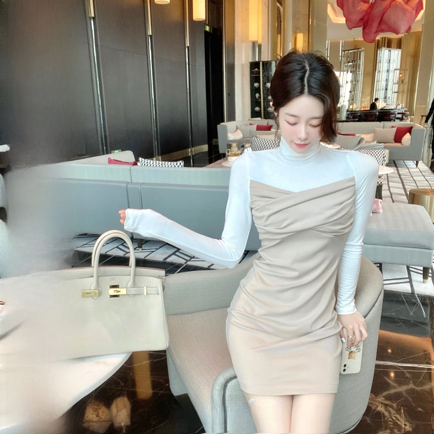 CCZEE Retro Patchwork Slimming Waist Inner Wear Dr Women's Faion High Waist ort Skirt Long Sve Color Commute