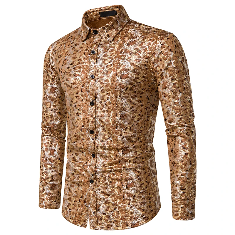 2022 New Men\'s Bronzing Long Sleeve Button Down Lapel Shirt Disco Party Christmas Ball Costume Camisa