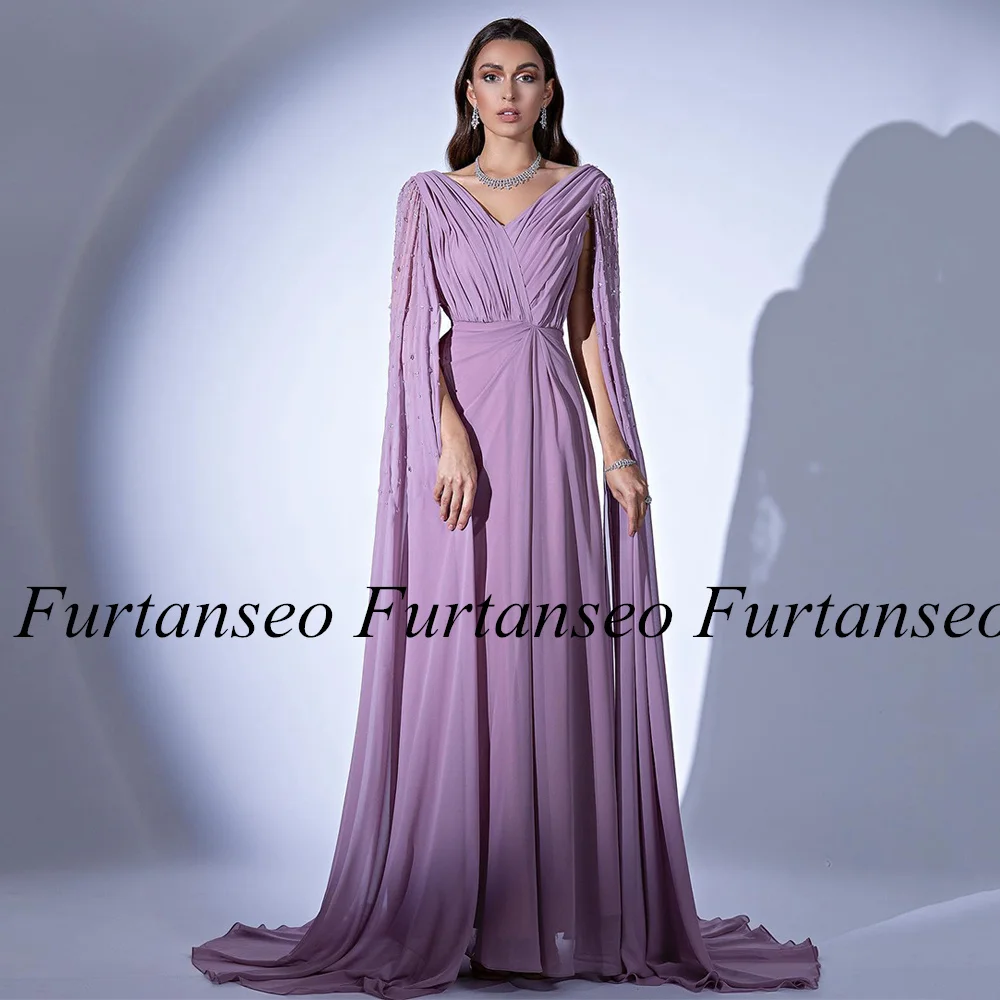 Lilac Prom Dress Saudi Evening Dresses 2024 V Neck Long Sleeve Cape Pleat Beading Sequined Floor Length Chiffon Party Gowns