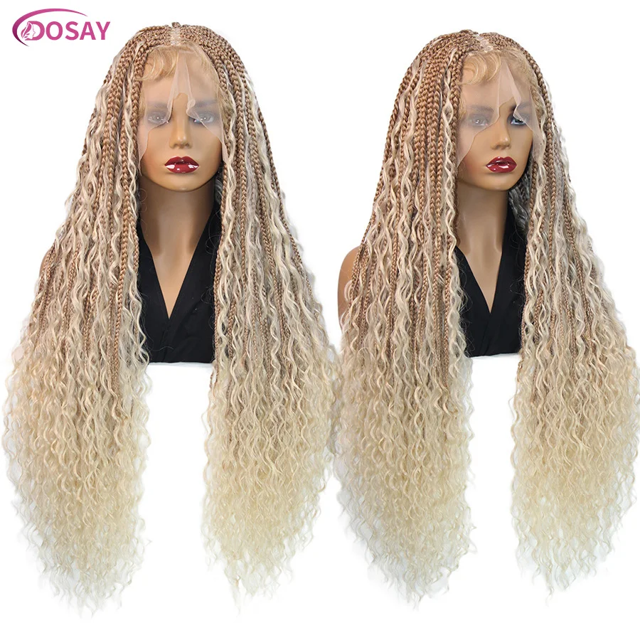 Blonde Full Lace Synthetic Braided Wigs Boho Box Braid Wig Cornrows Goddess Knotless Braided Lace Wig With Curly Ends For Woman