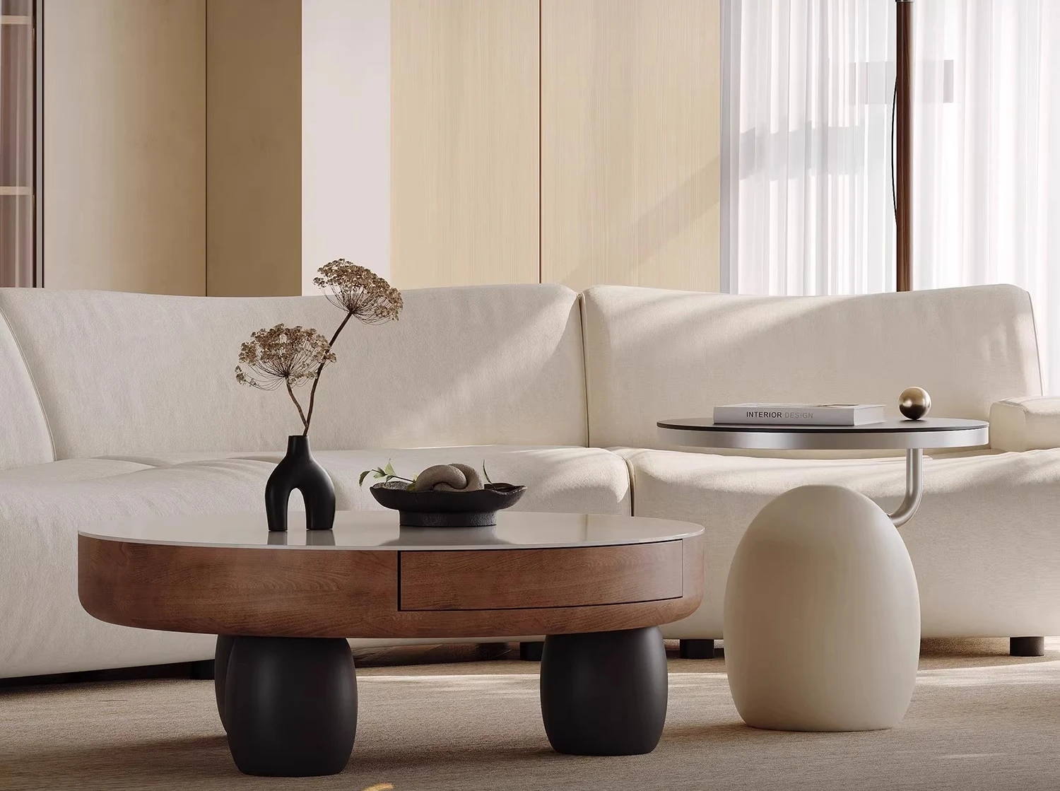 

coffee table combination round living room household storage solid wood small apartment designer French cream style