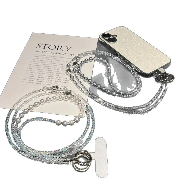 High-End Pearl Pendant Mobile Phone Chain Fashionable Beaded Crystal Long Cross-Body Strap Anti-Lost Phone Accessory