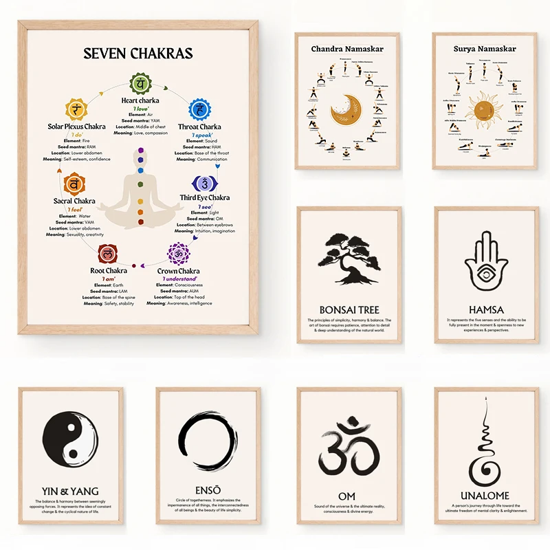 Sun & Moon Yoga Poses Enso Zen Seven Charkas Spiritual Poster Canvas Painting Wall Art Pictures Home Room Gym Decor