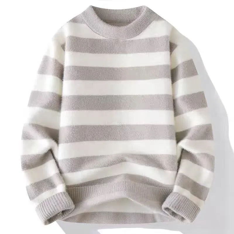 New Men's Striped Sweater Pullovers Korean Winter Warm O Neck Black Sweater High Quality Cool Top Fashionable Men's Clothing